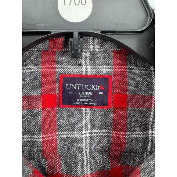 UNTUCKit Men's Red Gray Plaid Slim Jaxon Button Up Flannel Shirt Size Large - Picture 3 of 5